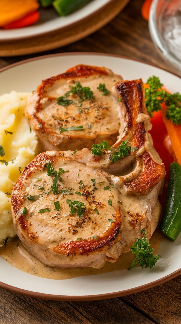 Creamy garlic parmesan pork chops on a plate with mashed potatoes and vegetables.